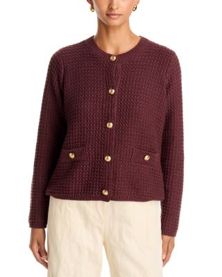 Single Thread Textured Crewneck Cardigan Sweater In Blue