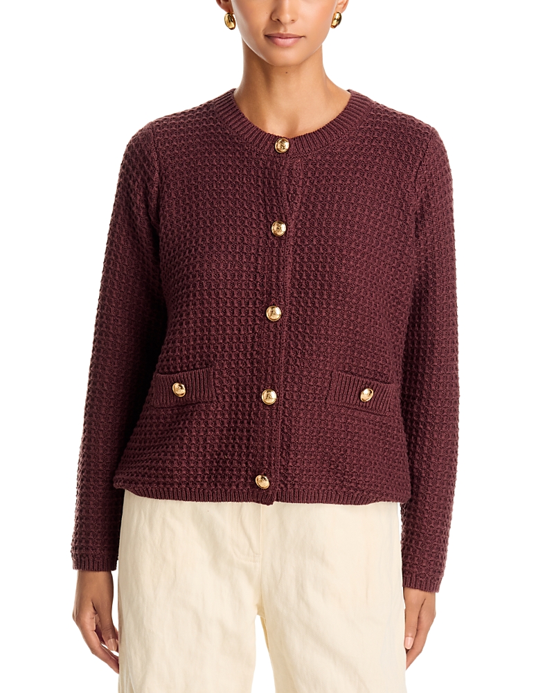 Single Thread Textured Crewneck Cardigan Sweater In Blue