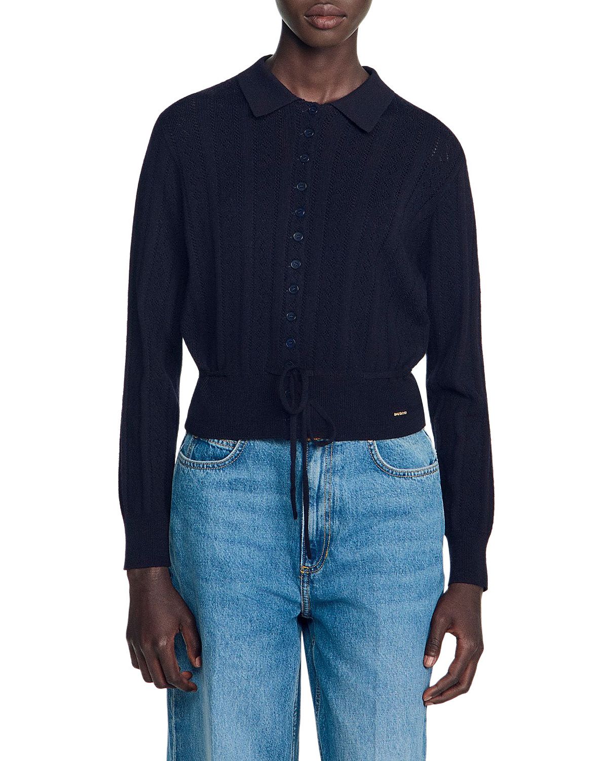 Sandro Lotus Wool Blend Drawstring Waist Cardigan