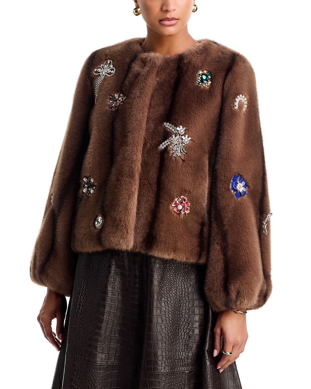 Cinq a Sept Jewel Clusters Faux Fur Benson Coat