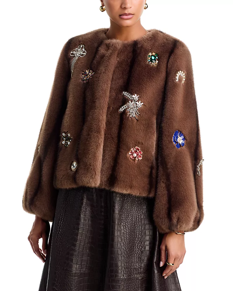Cinq a Sept Jewel Clusters Faux Fur Benson Coat