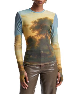Printed Stretch Mesh Long Sleeve Top