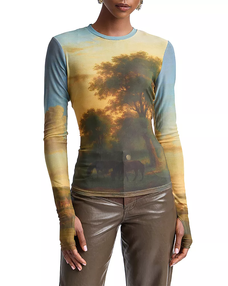 Avec Les Filles Printed Stretch Mesh Long Sleeve Top
