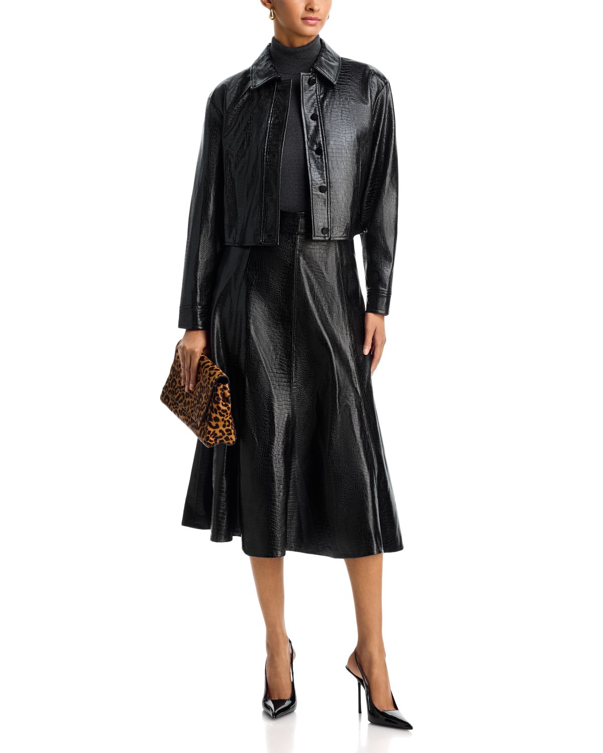 Croc Embossed Faux Leather Midi Skirt - Exclusive thumbnail 5