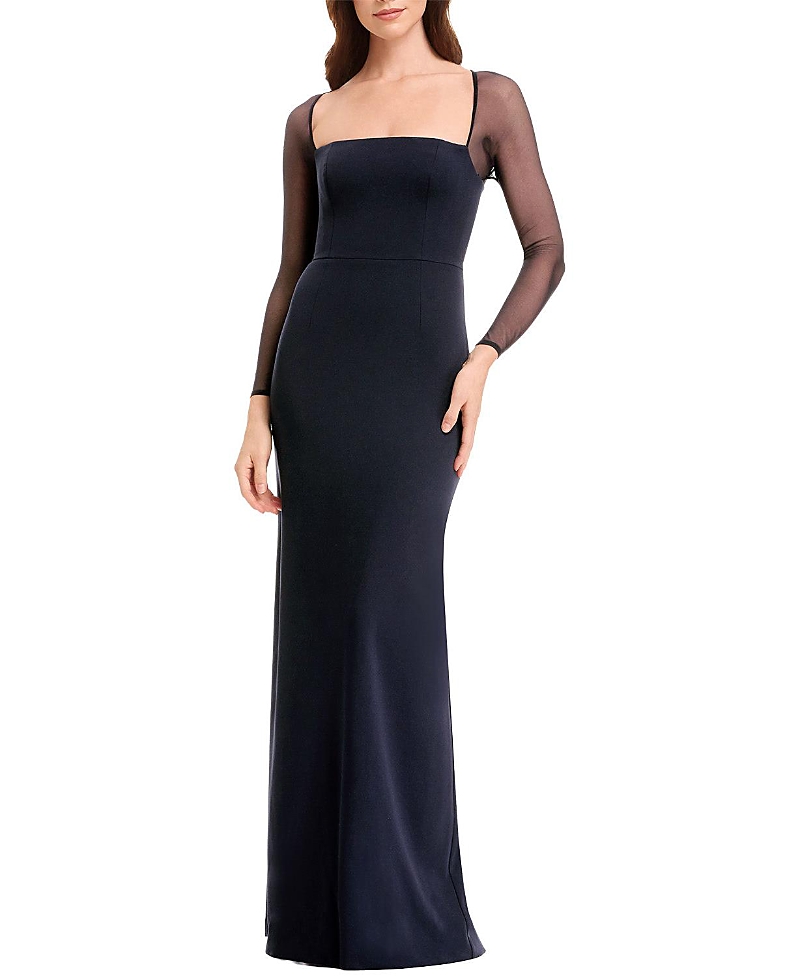 Dress The Population Maxwell Long-sleeve A-line Crepe Gown In Navy