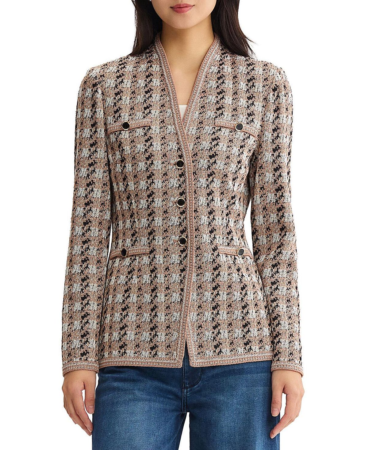 Misook Tailored Houndstooth Tweed Knit Jacket