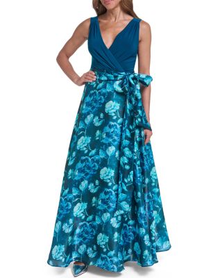 Crossover Neck Tie Waist Mixed Media Gown 