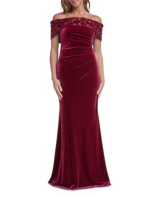 Off-The-Shoulder Side Pleat Velvet Gown