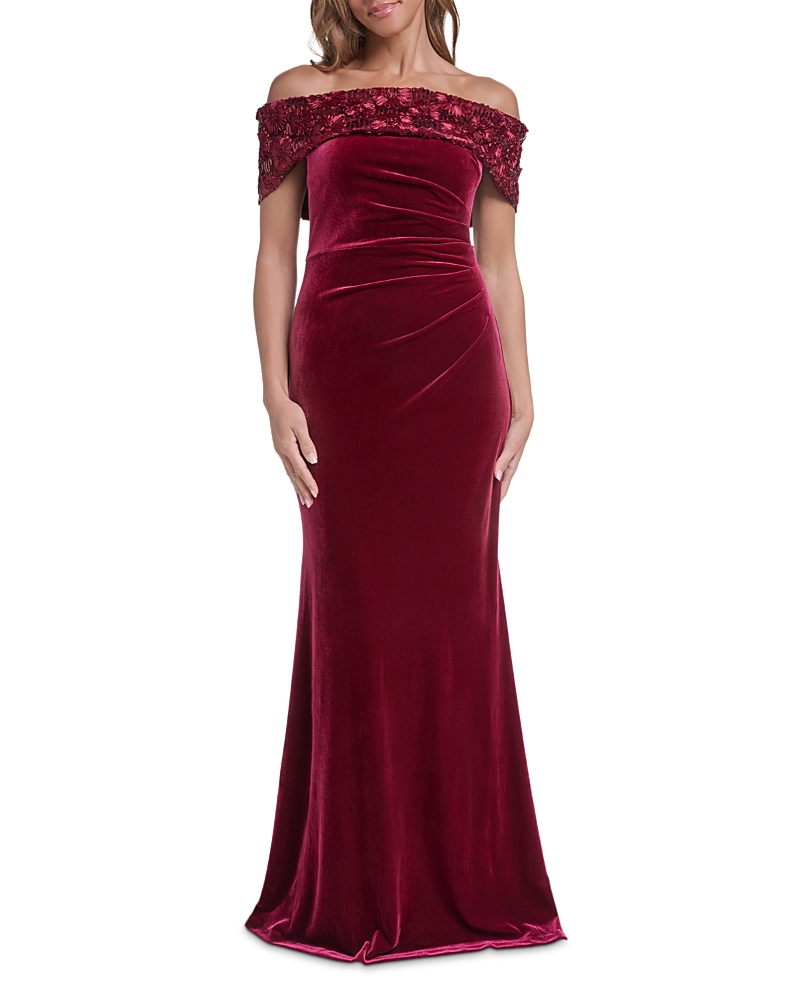 Eliza J Off-The-Shoulder Side Pleat Velvet Gown