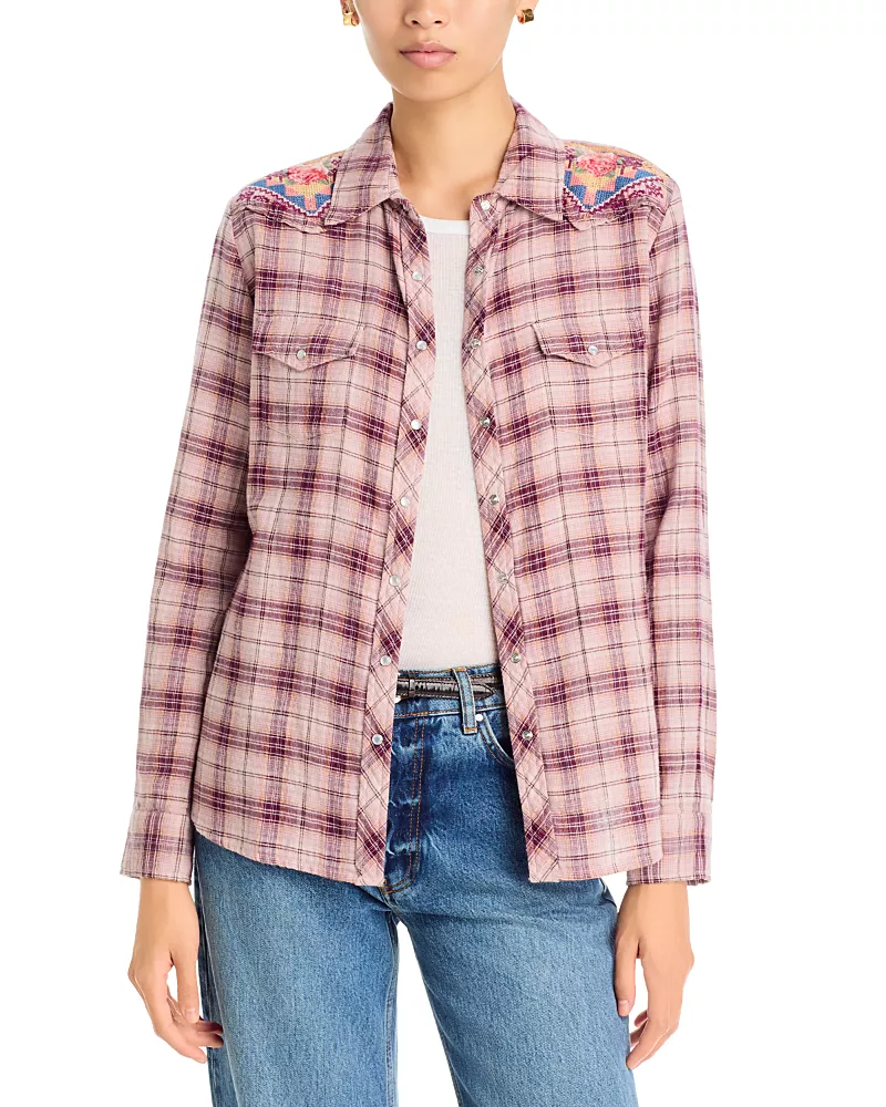 Johnny Was Western Plaid Cotton Button Up Shirt
