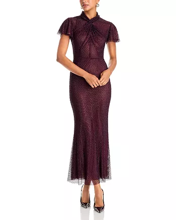 Self-Portrait Rhinestone Twist Neck Fishnet Midi Dress