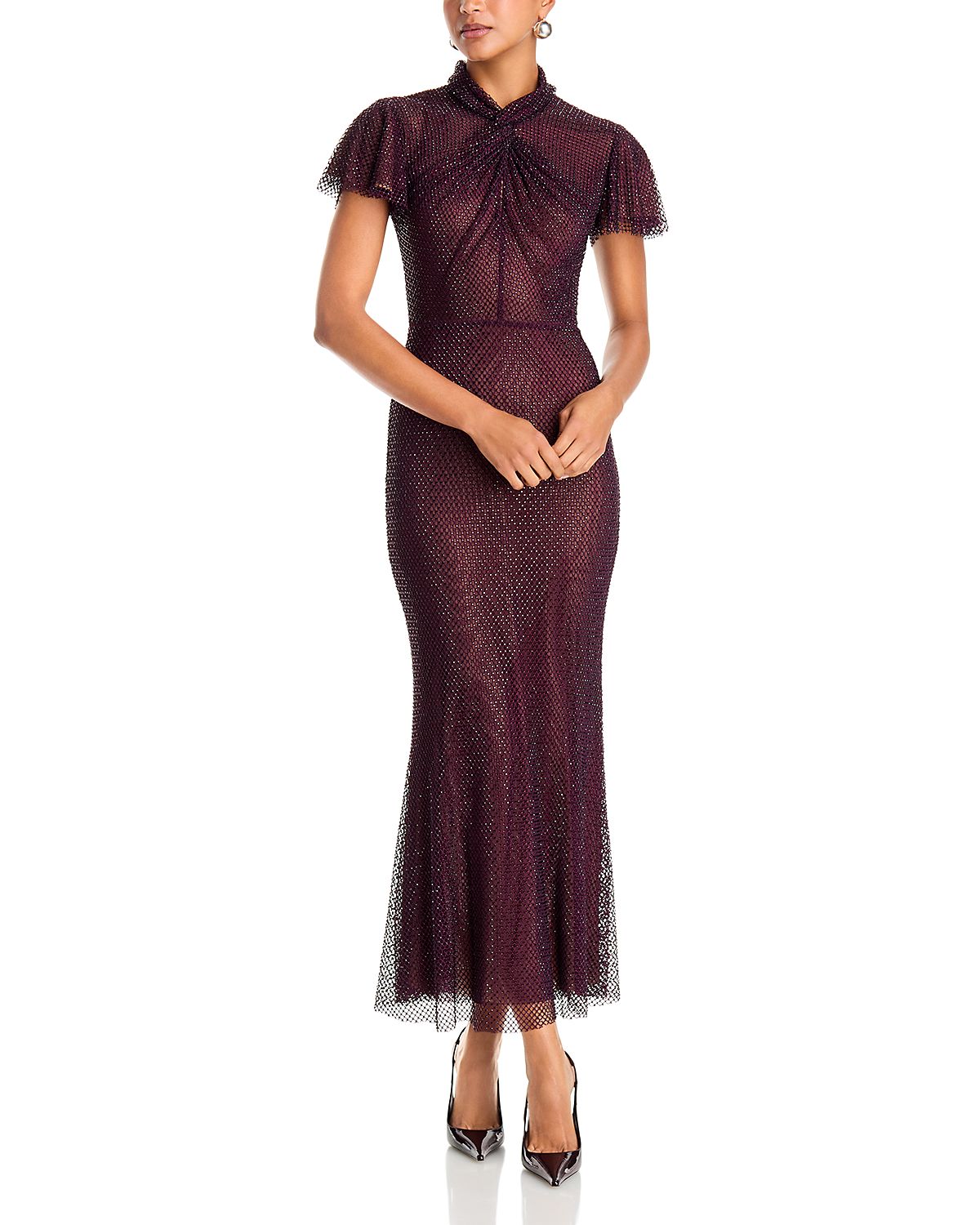 Self-Portrait Rhinestone Twist Neck Fishnet Midi Dress