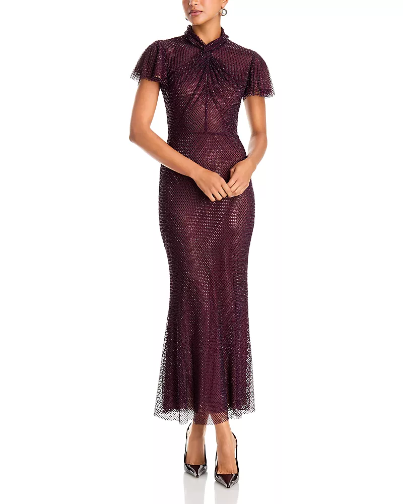 Self-Portrait Rhinestone Twist Neck Fishnet Midi Dress