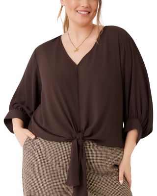 Plus Size Tie Hem Blouson Sleeve Top