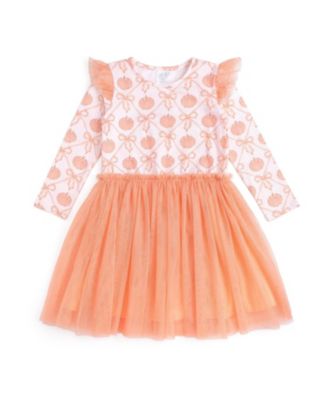 Girls' Pumpkin Bow Trellis Long Sleeve Tutu Dress - Baby, Little Kid, Big Kid