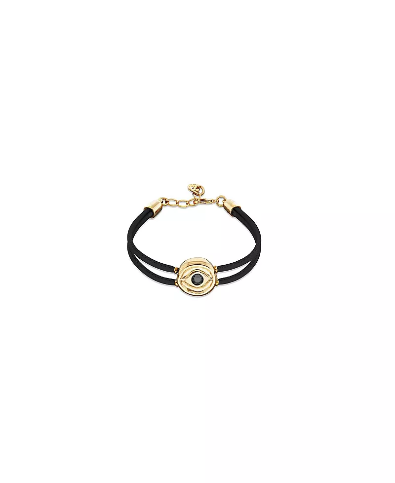 UNOde50 Black Double Leather Bracelet with Gold-Plated Eye Detail and Crystal