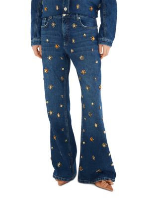 Gem Embellished High Rise Flare Jeans in Denim