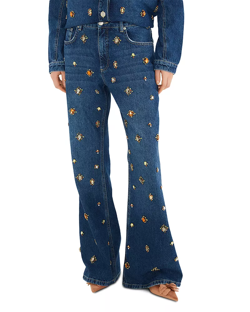 Farm Rio Gem Embellished High Rise Flare Jeans in Denim