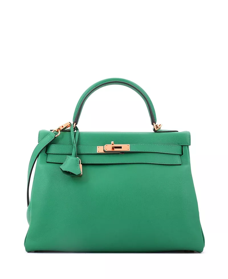 Pre-Owned HERMES Kelly 32 Handbag Green Evercolor with Gold Hardware