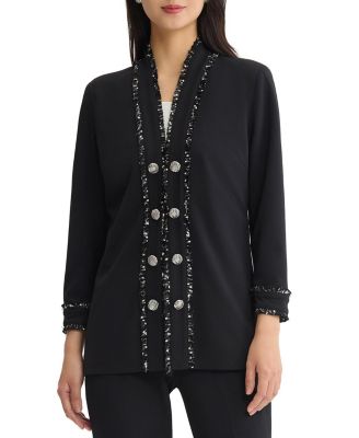 Ming Wang Plus Stretch Deco Crepe Eyelash Jacket In Black/ivory
