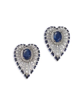 Blue Sapphire & Diamond Heart Earrings in 14K White Gold