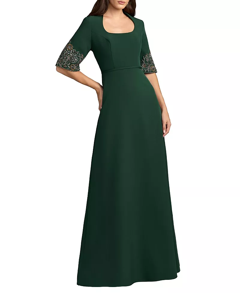 Mac Duggal Scoop Neck Beaded Cuff Crepe Gown