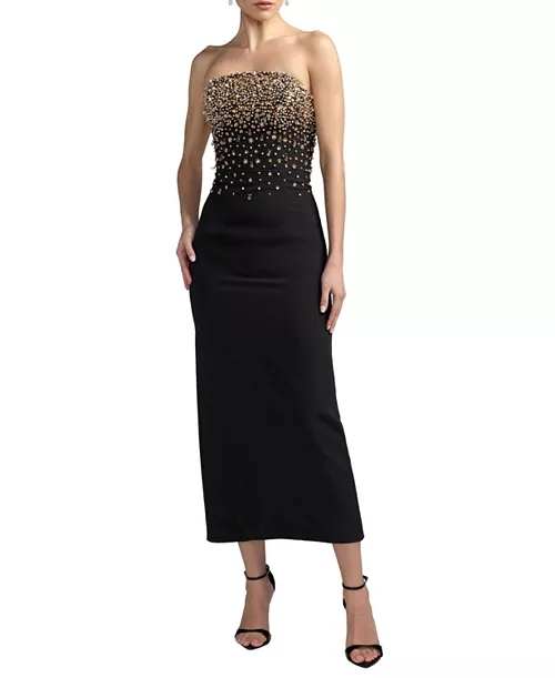 Beaded Strapless Crepe Midi Dress
