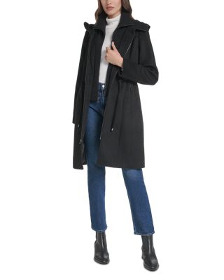 Hooded Slick Wool Blend Coat