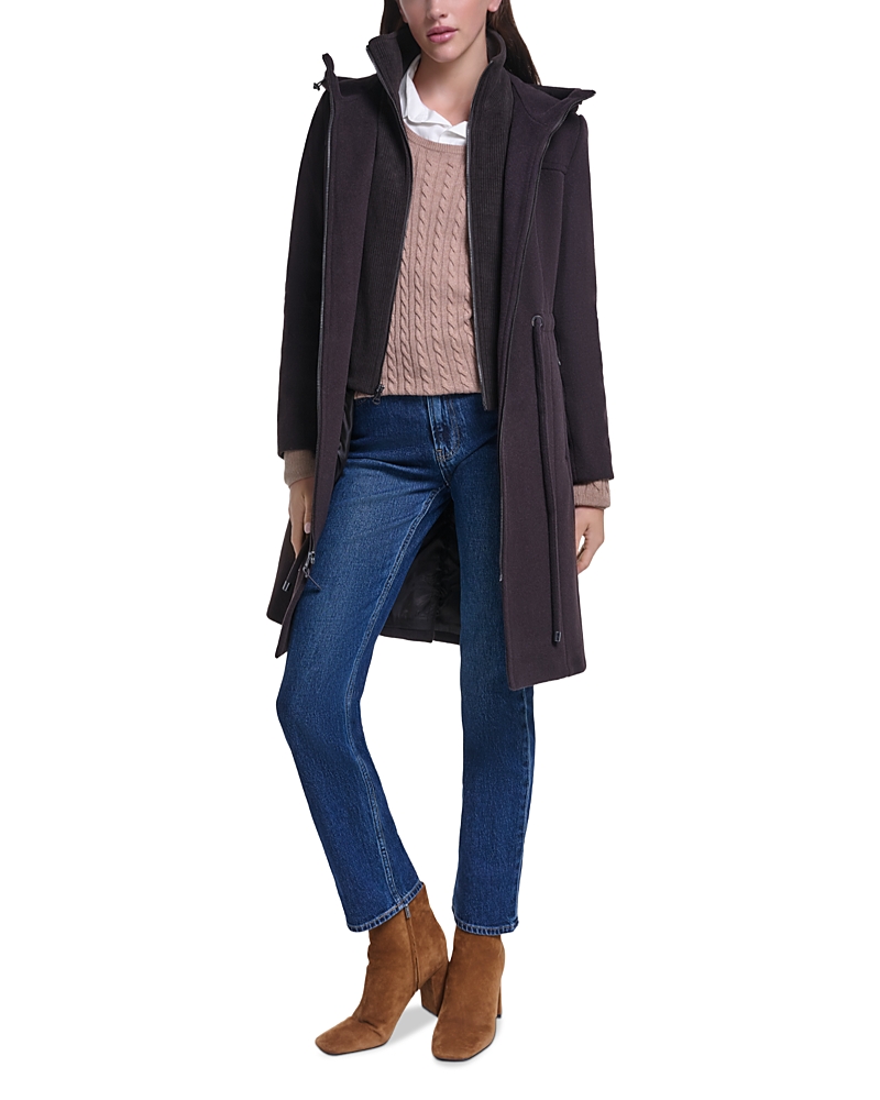 Cole Haan Hooded Slick Wool Blend Coat In Brown