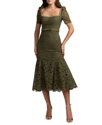 Mac Duggal Embellished Square Neck Lace Midi Dress