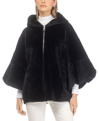  Textured Shearling Lamb Zip Jacket with Hood and Cropped Sleeves