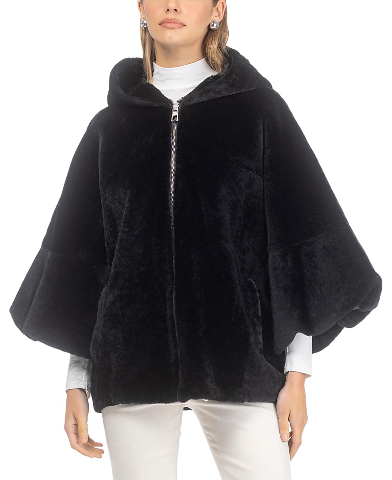 Gorski Textured Shearling Lamb Zip Jacket with Hood and Cropped Sleeves