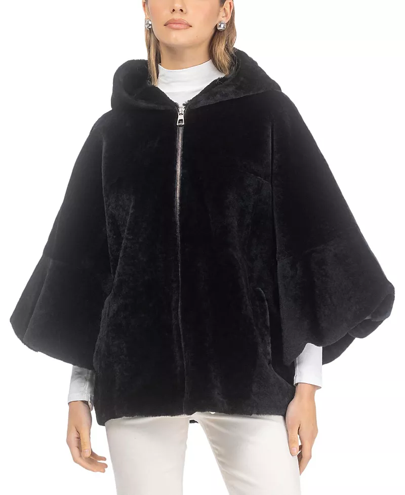 Gorski Textured Shearling Lamb Zip Jacket with Hood and Cropped Sleeves