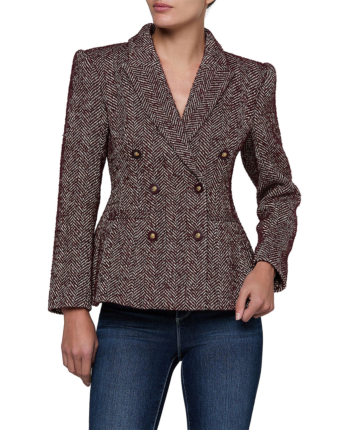 L'Agence Karima Tweed Double Breasted Cinched Waist Blazer