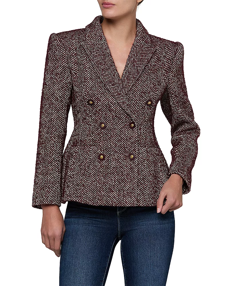L'Agence Karima Tweed Double Breasted Cinched Waist Blazer