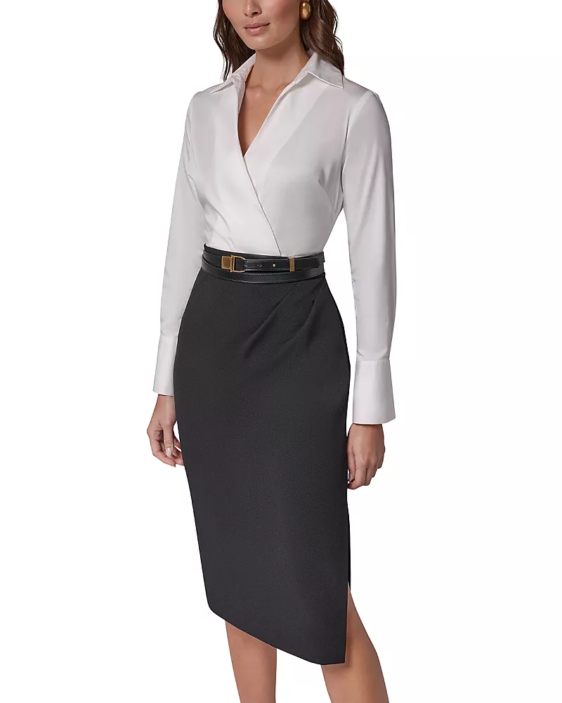 Donna Karan New York Collared Mixed Media Belted Pencil Dress