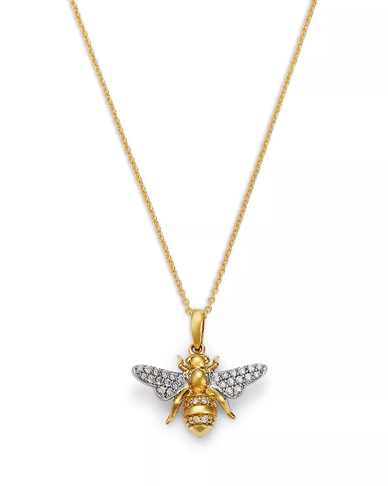 Roberto Coin 18K White & Yellow Gold Tiny Treasures Diamond Bee Pendant Necklace, 0.15 tcw
