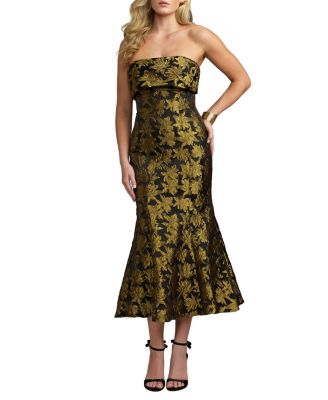  Metallic Strapless Brocade Mermaid Midi Dress