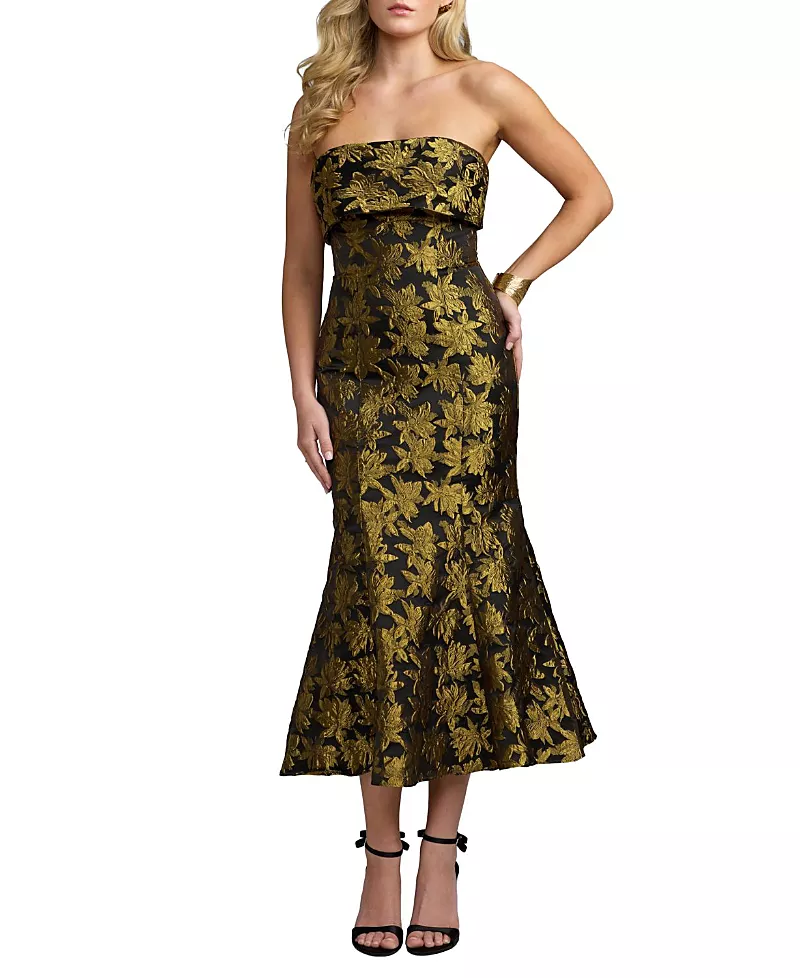 Mac Duggal Metallic Strapless Brocade Mermaid Midi Dress