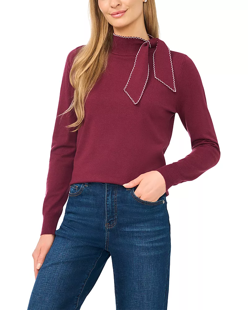 CeCe Embroidered Tie Neck Sweater