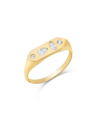14K Yellow Gold Diamond Multi Cut Mosaic Bar Signet Ring, 0.23 tcw