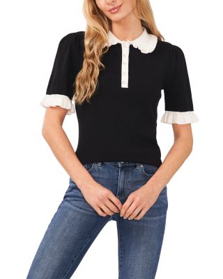 Cotton Ruffle Collar Polo Sweater