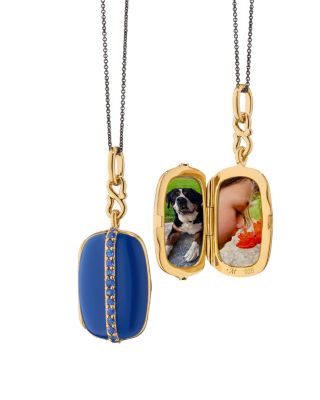 18K Yellow Gold Vermeil over Sterling Silver & Black Steel Locket x Color Blue Sapphire & Blue Enamel Rectangular Pendant Necklace, 16-17"