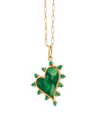 18K Yellow Gold Emerald & Aventurine Midi Love Heart Necklace, 17"