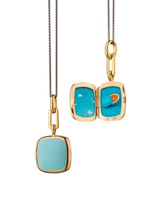 18K Yellow Gold Vermeil over Sterling Silver & Black Steel Locket x Color Turquoise Enamel Cushion Pendant Necklace, 16-17