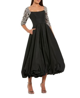  Faille Bubble Hem Midi Dress With Beaded Sleeves