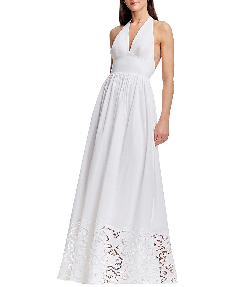 Dress The Population Nessie Halter Plunge V-neck Lace Trim A-line Gown In White