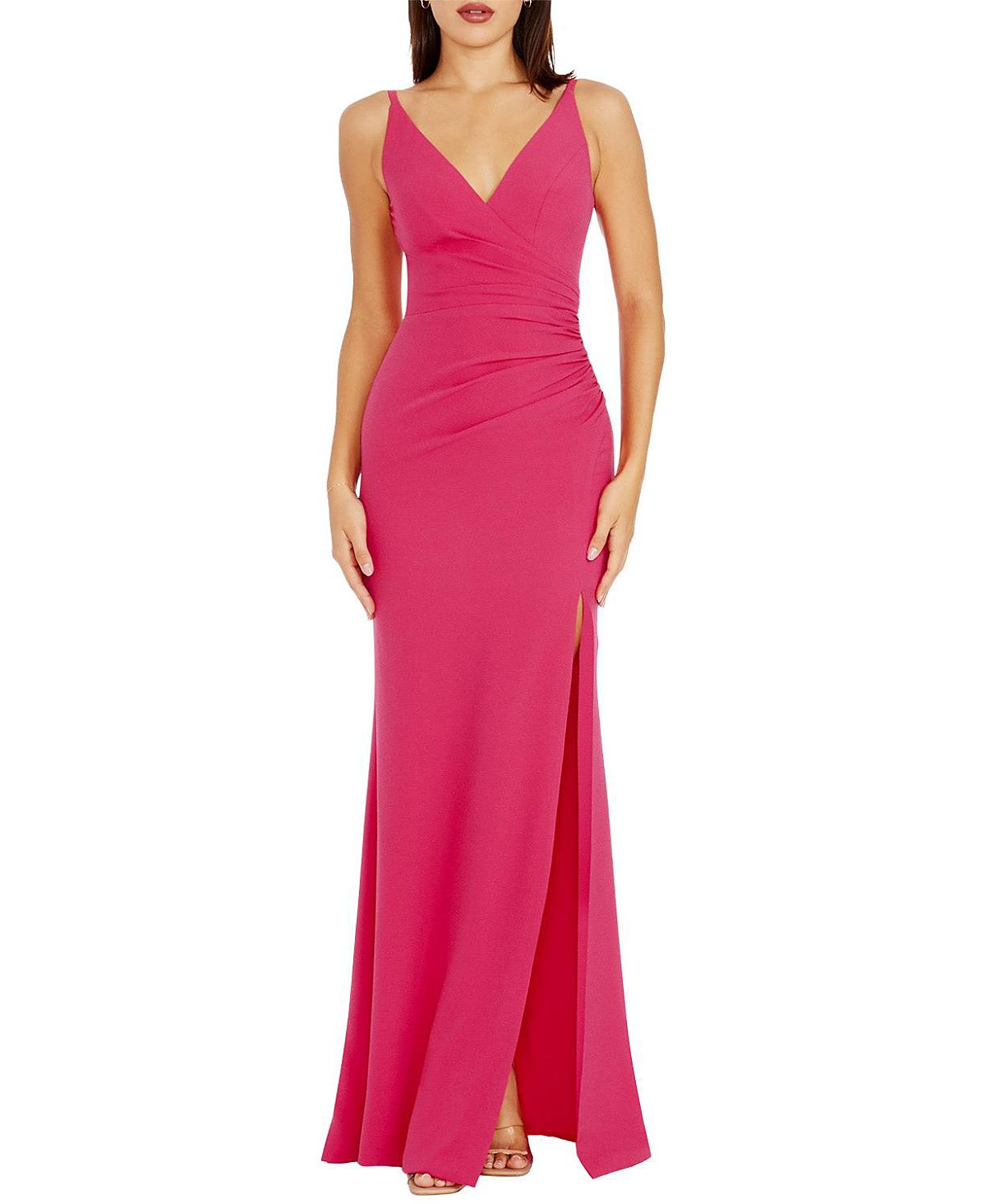 Dress the Population Jordan Plunge Neck Ruched High Slit Gown