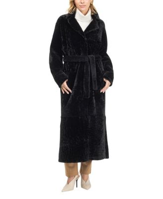 Reversible Textured Shearling Lamb Coat with Side Slits, Belt