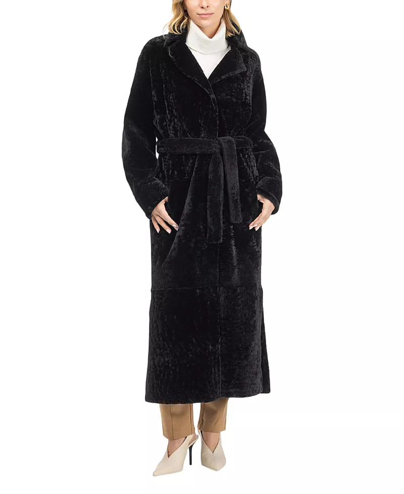 Gorski Reversible Textured Shearling Lamb Coat with Side Slits, Belt